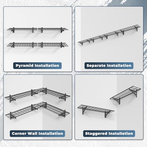 Jusgym 4 Pack Heavy Duty Garage Wall Shelving Set (1x4ft), Wall Mounted Garage Shelves 1400lbs Capacity, 12\"x48\" Shelf Storage Rack Floating Shelves, Black - Thumbnail 5