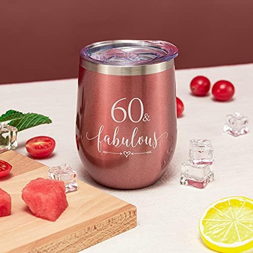 Crisky Rose Gold 60 & Fabulous Vacuum Insulated Tumbler for Women 60th Birthday Gifts Funny Ideas for Women, Wife, Mom, Sister, Aunt, Friends, Coworker Her, Coffee Cup/Mug 12oz, with Box, Lid, Straw