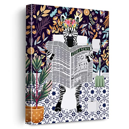 Botanical Zebra Canvas Poster Painting Bathroom Wall Art, Zebra On Toilet Reading Newspaper Picture Artwork Framed Print Ready To Hang For Restroom Toilet Wall Decor 12 X 15 Inch #TOP20