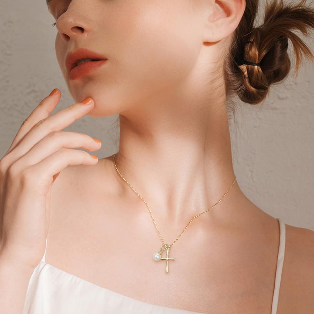 EVER FAITH 925 Sterling Silver First Communion Cross Necklace Church Tiny Pearl Choker Necklaces Baptism/Confirmation/Birthday/Christmas Jewelry Gift for Women Daughter Teen Girls