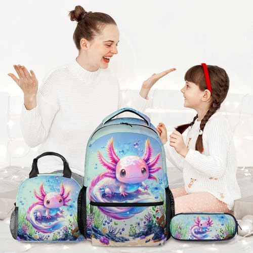 School Backpack with Lunch Box Set for Girls, 3PCS Axolotl Backpacks Matching Combo for Kids, Cute Animals Bookbag and Pencil Pouch Bundle for High School2