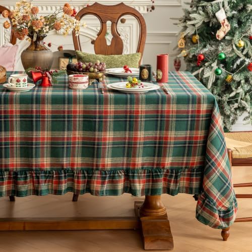 Amazon.com: Christmas Plaid Ruffled Tablecloth Rectangle, 120 x 60 Inch ...