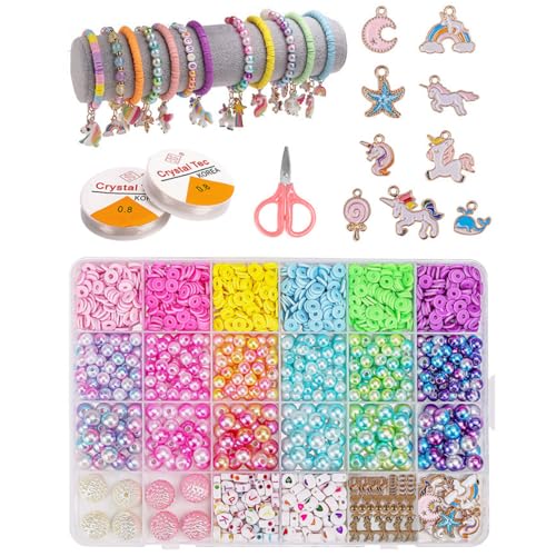 Image of SANNIDHI Bracelet Making Kit for Kids Clay Beads Set Unicorn Charm Gradient Color Bead for Jewelry Making with Crystal Lines and Scissors DIY Beading Crafts, Multicolor