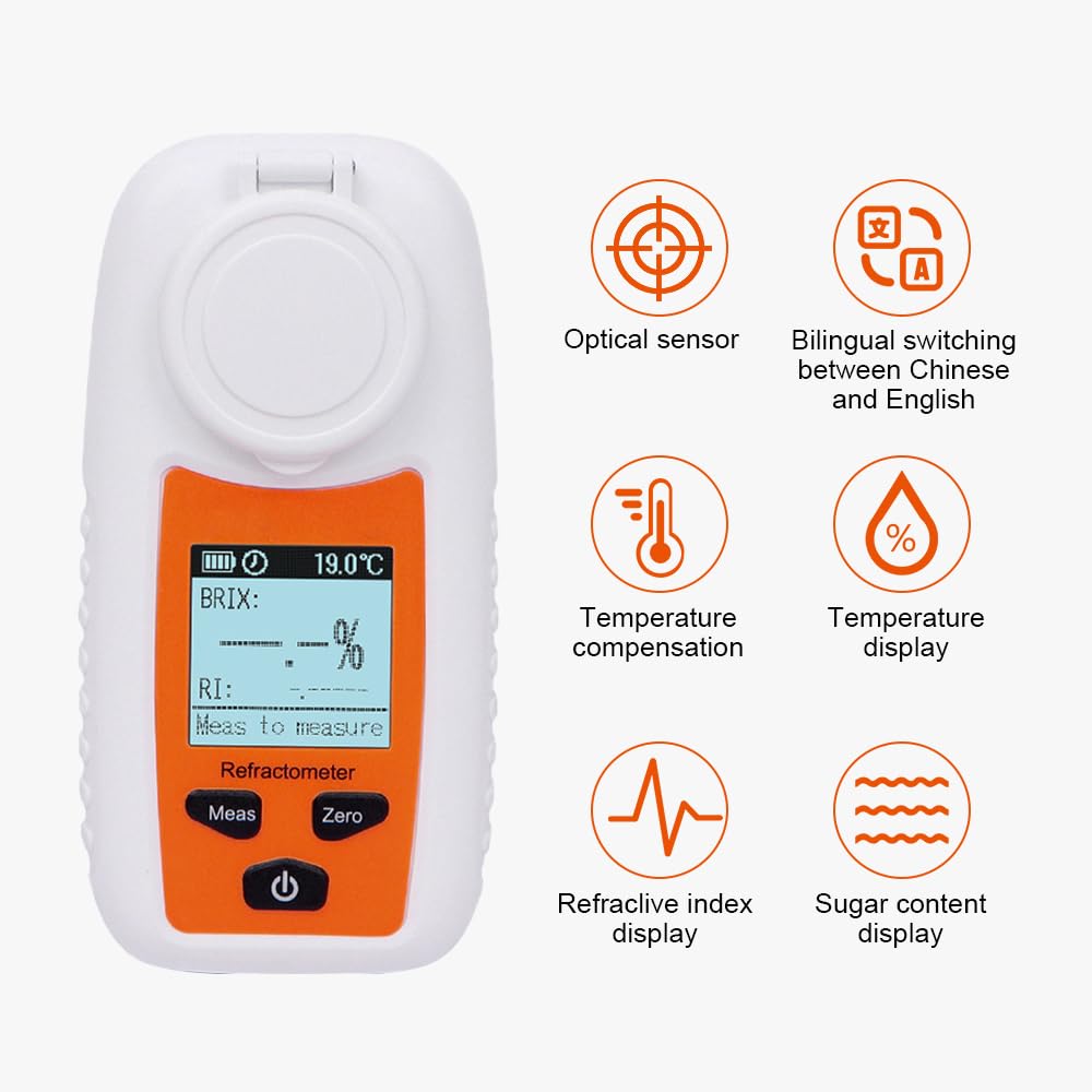 Digital Refractometer Sugar Meter Fruit Beverage Sweetness Measuring Instrument Refraction Meter Sugar Concentration Meter Measuring Accuracy±0.2% (0~35% Brix)