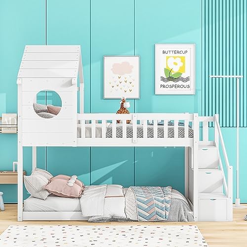 BTM Bunk Beds for Kids,Wood House Bunk Bed 90 * 190 cm, Wooden Bunk Beds,Cabin Bed Frame, Bunk Beds for Kids with Ladder and storage space