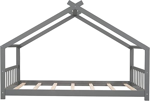 Miniatura 12 de Cama de casa de tamaño individual para niños, base de cama Montessori tamaño individual con cabecero y estribo, cama de madera para niños y niñas,