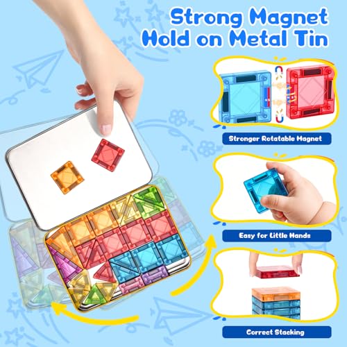 Image of Magnetic Tiles Magnetic Blocks Building Toy: Portable Mini Magnetic Tiles Travel Set 48 Pieces Montessori Toys Birthday Gift for Kids Girls and Boys Ages 3-12 Years Old Preschool Classroom Must Haves