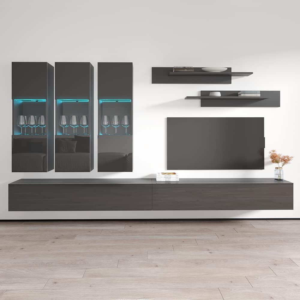 Meble Furniture Fly E1 30TV Stand Wall-Mounted Entertainment Center — Floating Design with Storage Shelves and LED Lighting — Modern High Gloss, 59.1 x 14.2 x 15.7 inches — Grey