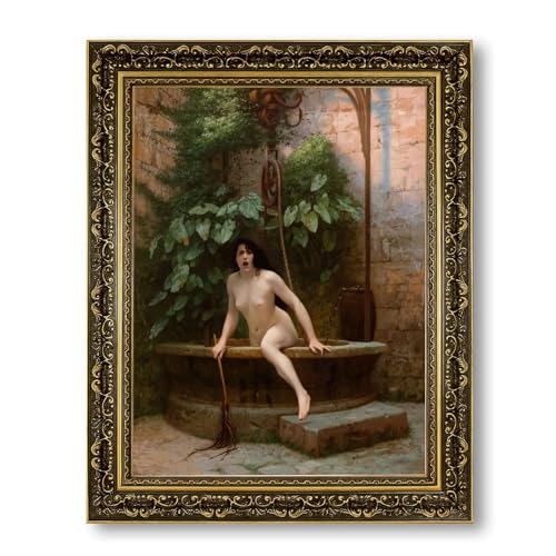 Vintage Framed Nude Woman at Well Canvas Print Oil Paintings