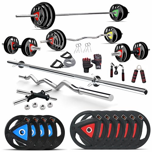 Image of DREAM FIT Rubber Coated Metal Integrated Weight Plates 40Kg Professional Home Gym Combo with 23mm 3ft curl rod, 23mm 5ft straight rod, 1 pair dumbbell rods with steel nuts and gym accessories (40kg set)