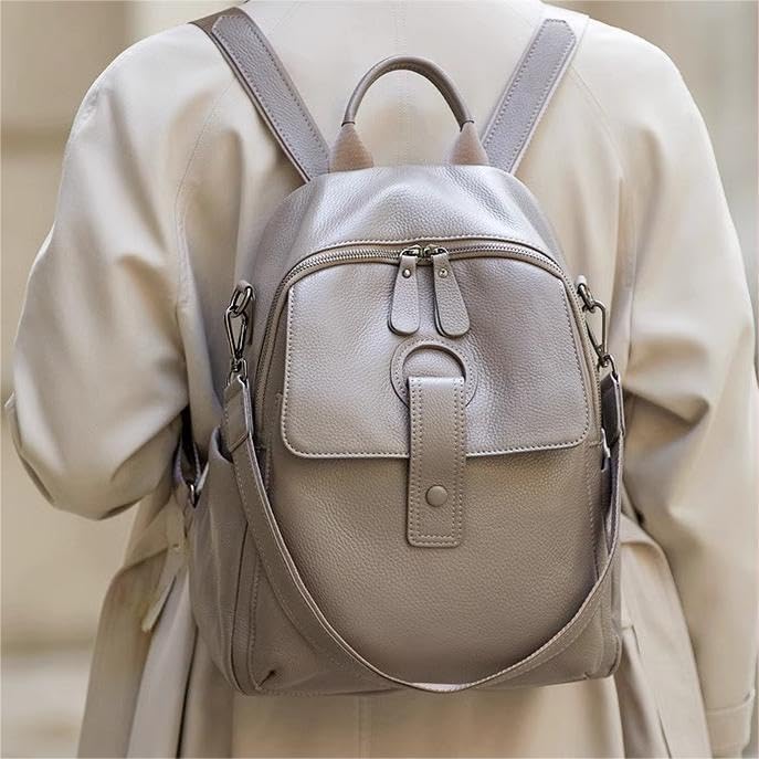 Genuine Leather Backpack Purse For Women Grey Real Soft Leather Travel Convertible Ladies Shoulder Bag - Image 3