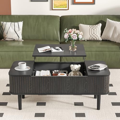 Image of Fluted Lift Top Coffee Table with Storage, Mid Century Modern Coffee Table for Living Room, Home Small Space,39.4 inch Fluted Center Table (Rectangle-Black, 39.4inch)