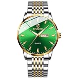 W WOLF-CUB Orologio da uomo di lusso, con chiusura nascosta, impermeabile, in acciaio inox, con data, settimana, orologio da polso al quarzo, idea regalo, Oro e verde