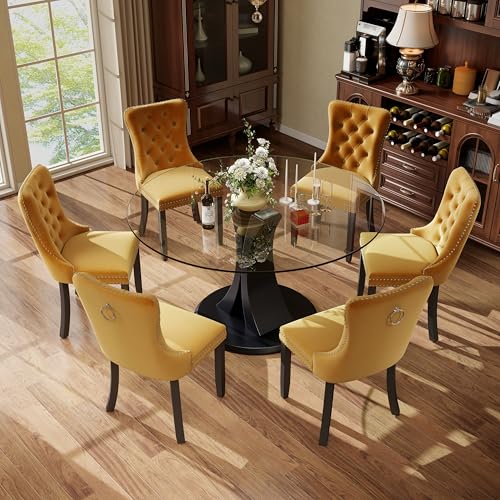 Image of 7-Piece Dining Table Set with 47In Tempered Glass Table and 6 Velvet Upholstered Chairs, Modern Scandinavian Furniture for Dining Room Kitchen(Yellow)