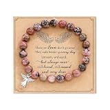 Caiyao Memorial Sympathy Bereavement Angel Guardian Protection Healing Natural Stone Beaded Stretch Elastic Adjustable Bracelet Faith and Love Inspirational Bangle Jewelry-red