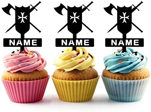 TA0925 Protective Shield Weapon Silhouette Party Wedding Birthday Acrylic Cupcake Toppers Decor 10 pcs with Personalized Your Name