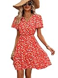 SweatyRocks Women's Floral Print V Neck Dress Short Puff Sleeve Tie Front Ruffle Hem Flare Short Dress Bright Red XL