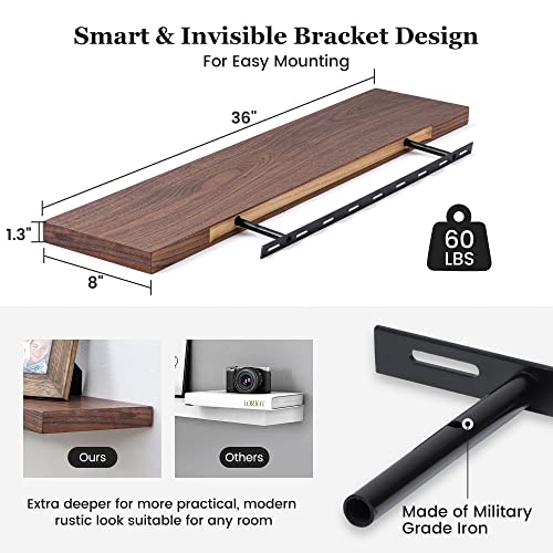 Fun Memories Floating Shelves 36 Inches Long, 8" Deep Wooden Shelf For Wall, Rustic Walnut Wall Shelves For Home Decor & Storage, Floating Book Shelves Display Shelf For Living Room, Bedroom, Kitchen #TOP3
