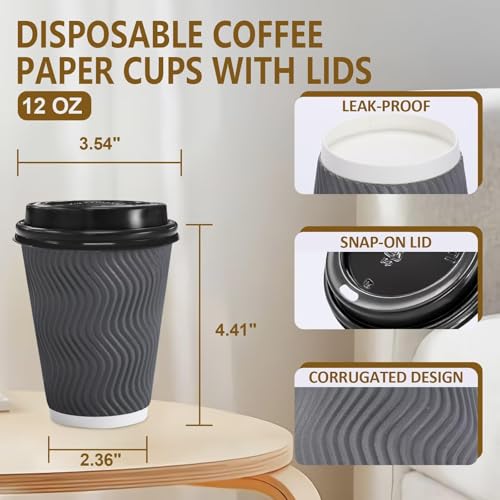 image for Clawsoff 100 Pack 12 oz Disposable Coffee Cups with Lids, Insulated Ri