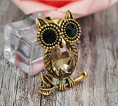 Image of Gyn&Joy Golden Tone Emerald Green Colored Crystal stone Owl Bird Brooch Pin