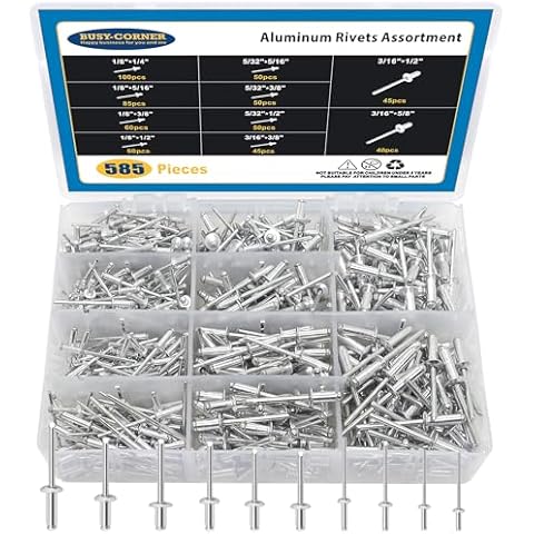 585 PCS 10 Sizes Aluminum Pop Rivets, Flange Aluminum Blind Rivets Assortment Kit Pop Rivet Cover