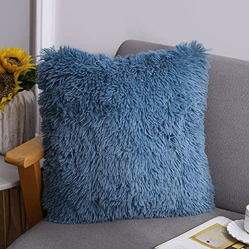 Luxury Fluffy Cushion Covers 40x40 cm Blue Faux Fur Cushion Cases Plush Velvet Pillow Covers Soft Square Decorative Pillow Cases for Sofa Couch Bedroom