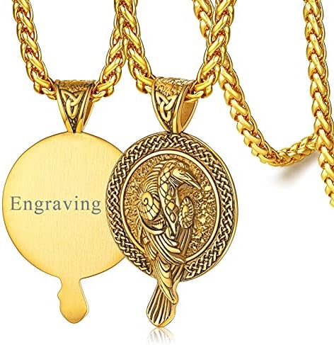 FaithHeart Norse Jewellery Viking Raven Necklace Stainless Steel Odin Crow Pendant Nordic Amulet Jewelry for Men Boys Can Custom Engraved