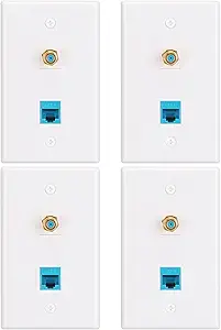 Ethernet Coax Wall Plate,Include CAT6 Keystone Coupler and 3GHz Gold Plated Coax Keystone Jack,F Type Port Wall Plate,4Pack