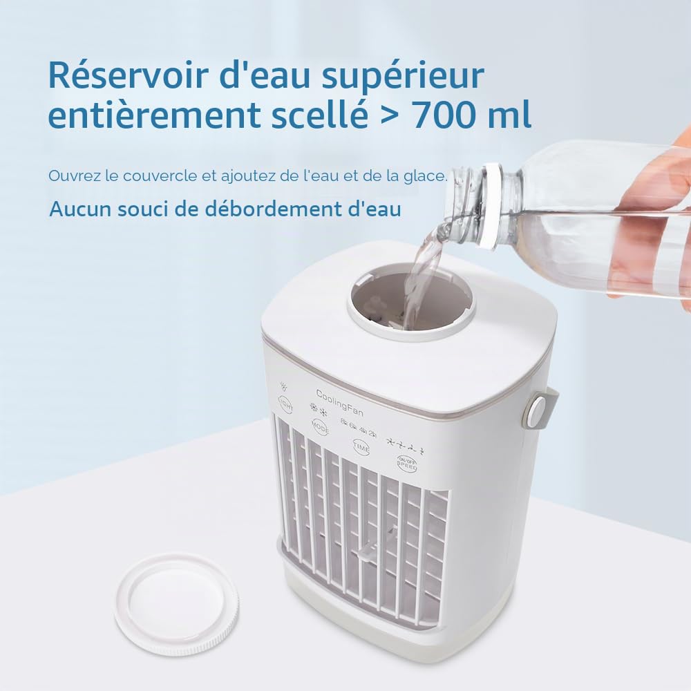 Mini Climatiseur Mobile Silencieux, 2 en 1 Mini Rafraichisseur d'air avec 4 Vitesses & 2 Brumes, 2-8H Timer, 7 LED,Petit Clim Mobile pour Chambre et Bureau(7W)