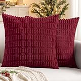 MIULEE Pack of 2 Christmas Burgundy Corduroy Decorative Pillow Covers 18x18 Inch Soft Boho Striped Throw Pillow Covers Modern Farmhouse Home Decor for Sofa Living Room Couch Bed