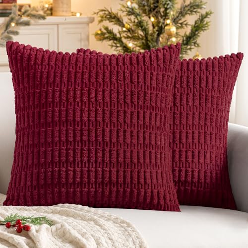 MIULEE Pack of 2 Christmas Burgundy Corduroy Decorative Pillow Covers...