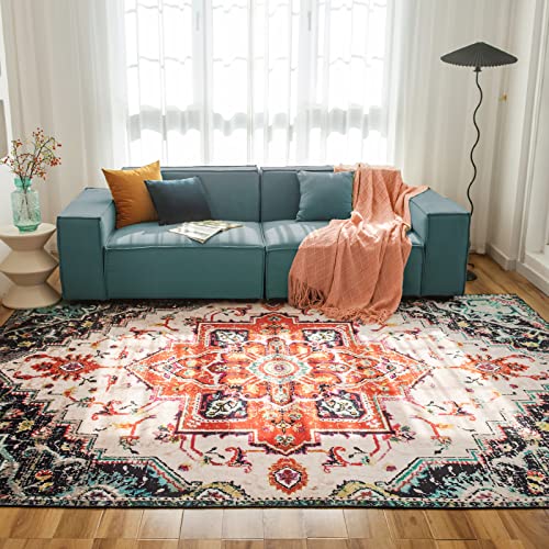 Oigae Washable Rug 5X7 For Living Room Fluffy Boho Vintage Persian Area Rug For Bedroom Dinning Room Office Non-Shedding Indoor Rug Home Decor,Orange #TOP3