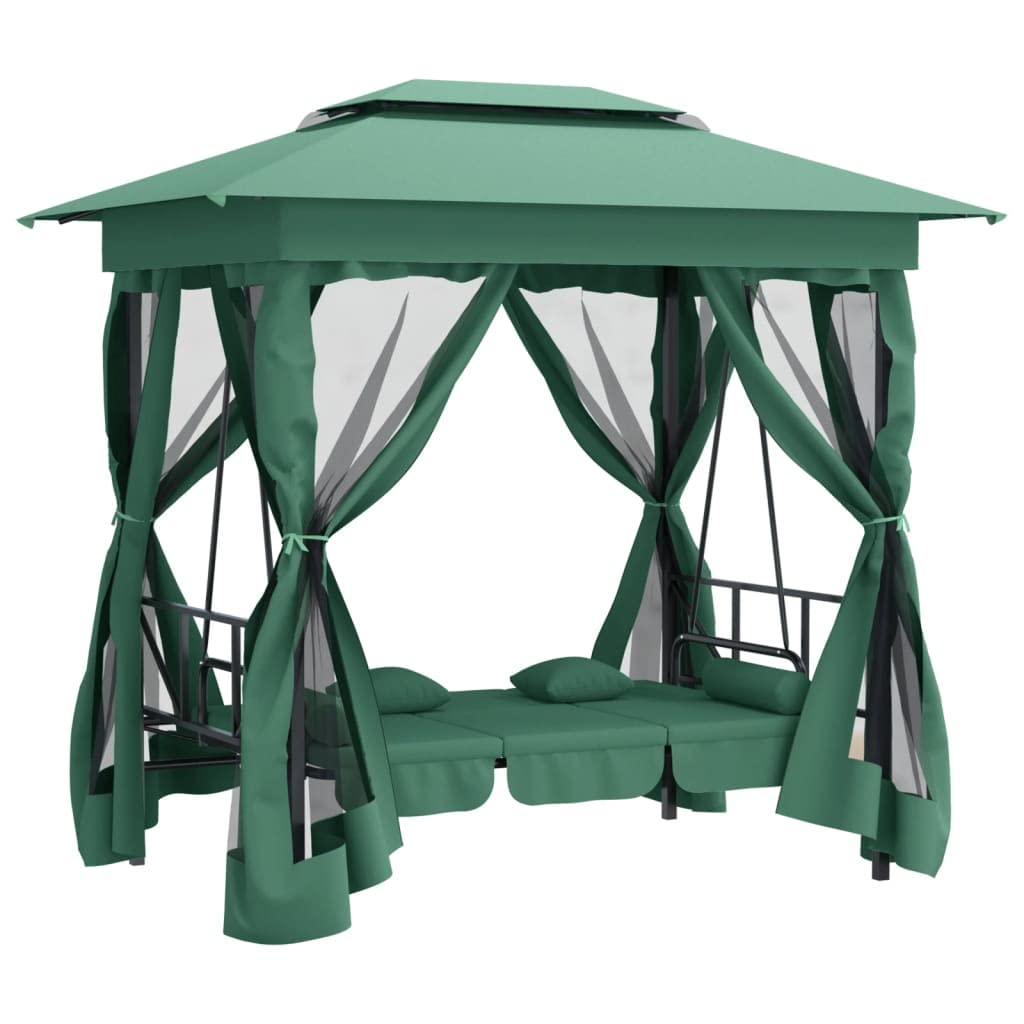 Columpio Jardín Exterior, Balancín de Jardín 3 Plazas con Techo y Cojines, Convertible en Cama, Marco de Acero, para Balcón, Terraza, Patio, 223 x 153 x 233 cm, Grün