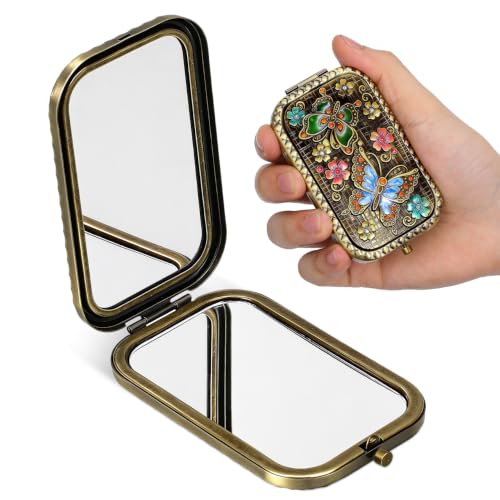 Beaupretty Vintage Compact Makeup Mirror Portable Double-Sided Foldable Metal Pocket Mirror for Purse & Travel