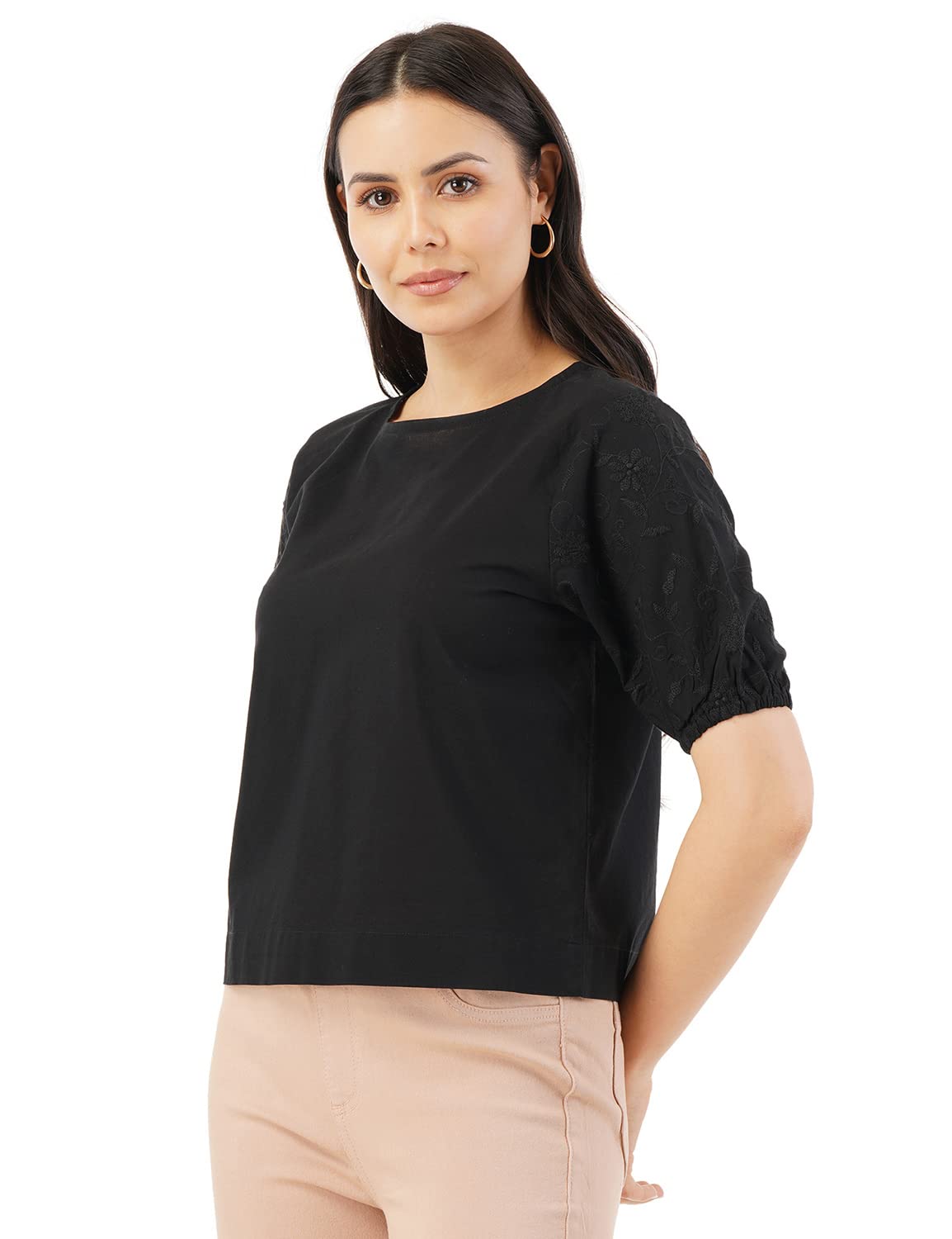 FYLTR Women's Casual Fashion Top -Round Neck, Elasticated Half Sleeves, Soft