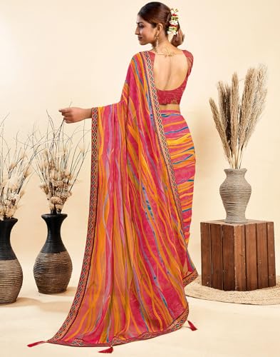 Image of SIRIL Women's Printed Chiffon Saree with Unstitched Blouse Piece