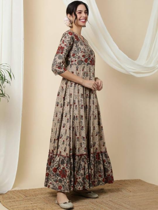 Women’s Rayon Anarkali Kurti – Beige Floral Printed Long Flared Kurta with 3/4 Sleeves & V-Neck Festive & Casual Wear