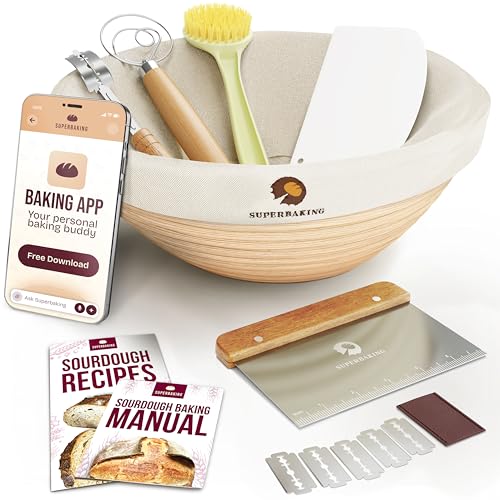 Superbaking Banneton Bread Proofing Basket, Sourdough Bread Baking Supplies, Round 9 Inch Sourdough Starter Kit, Proofing Basket for Baking, Bread Making Supplies Tools, Banneton Basket Gift Set