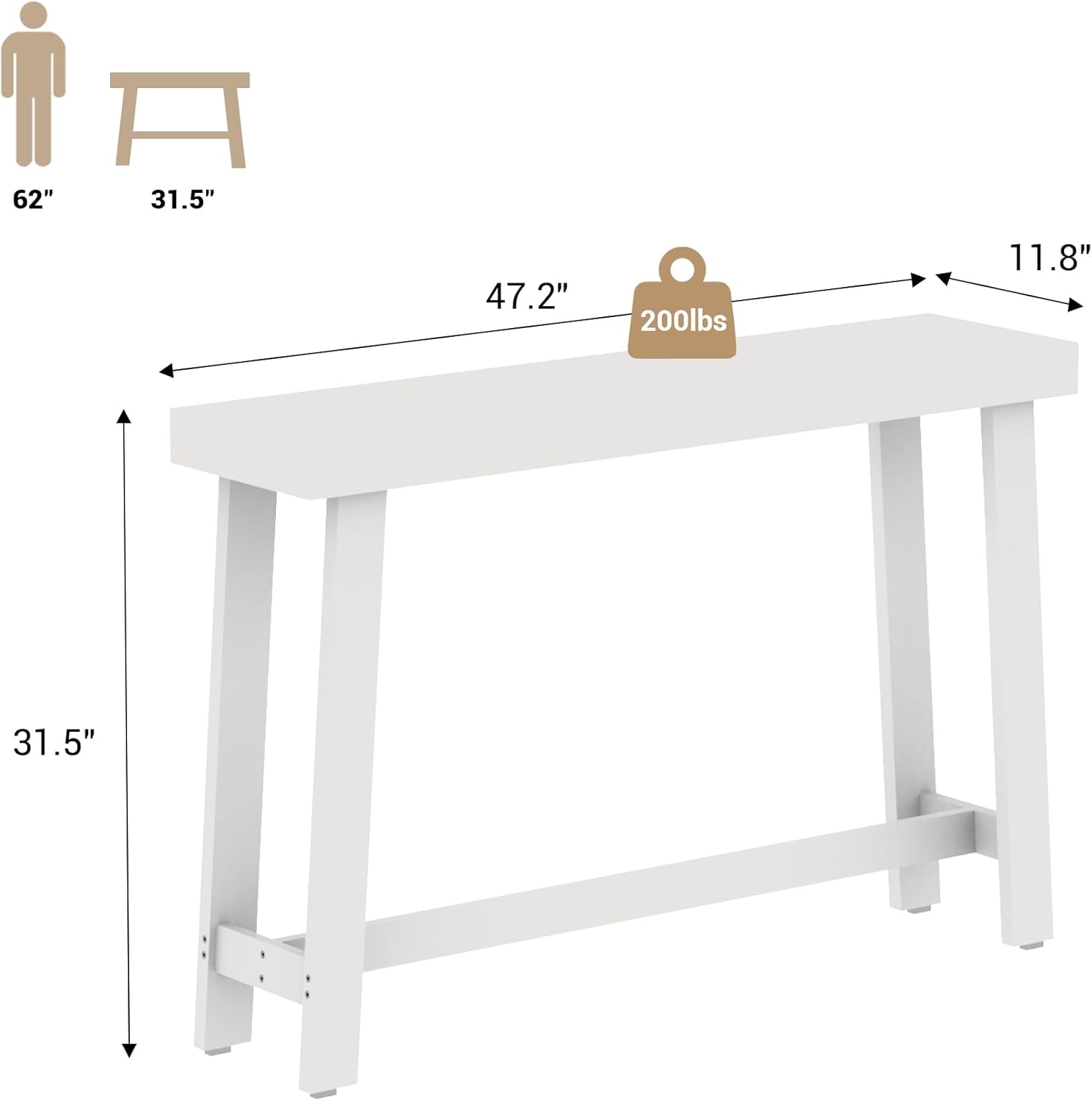 Bamboo Wood Entryway Table 47.2" Console Table, Narrow Sofa Table with Support Beam for Entrance, Hallway, Living Room, Bedroom, Foyer(White) - Image 2