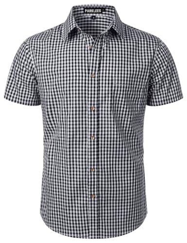 Image of PARKLEES Men's Casual Plaid Checked Regular Fit Dress Shirt Black Gingham XXL