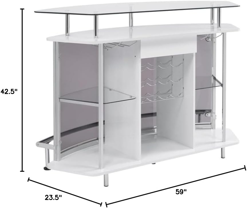 Pemberly Row Contemporary Glass Top Wood Bar Unit, 59 in Wide, White High Gloss and Chrome Finish, Crescent Shape with Stemware Racks, Wine Bottle Storage, Media Room or Dining Space Bar