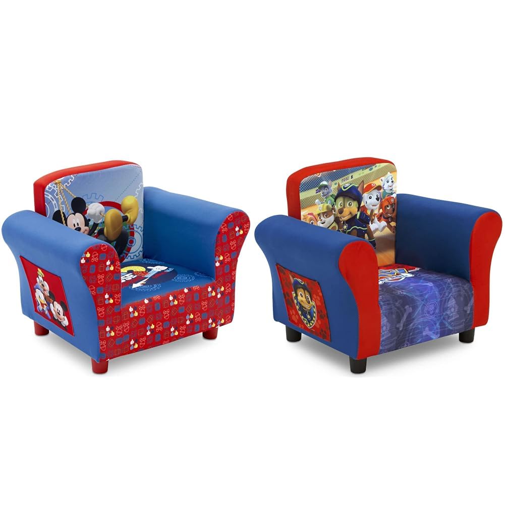 Delta Children Upholstered Chair, Disney Mickey Mouse & Upholstered Chair with PAW Patrol Graphics, Wood Frame, Plush Foam Padding, Side Pockets, for Toddlers and Kids