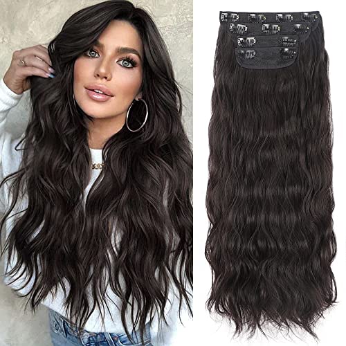 AISI BEAUTY 4PCS Clip in Black Brown Hair Extensions 20 Inch Long Wavy Hair Extensions for Women Synthetic Full Head Hairpiece