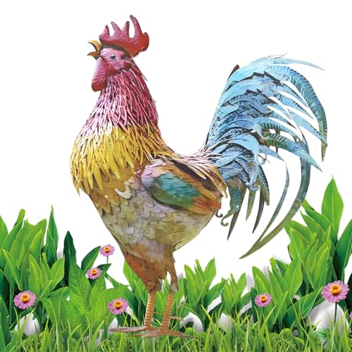 Hahn-Gartenstatue – 3D-Tierfigur aus Eisen, dekoratives Bauernhof-Ornament | Einzigartige handgefertigte Gartenskulptur für Terrasse, Küche, Rasen, Garten, rustikale Tischdekoration, Tischdek