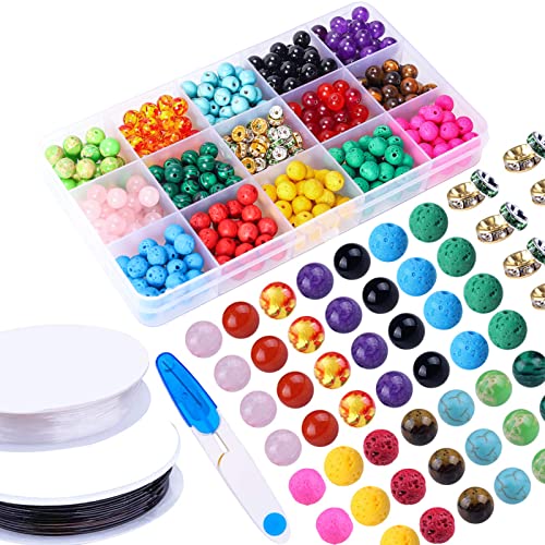 Fishdown 330 Pcs 8mm Lava Beads Rock Stone with Chakra Volcanic Stone Loose Beads and Spacer Bead for Bracelets Jewelry Necklace Making DIY Kit