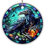 Sportyzen Stained Glass Style Raven Christmas Ornament – Creepy Dark Gothic Crow with Pumpkin & Moon – Halloween and Holiday Tree Decor for Raven Lovers, Gothic Home Accent, 2.9 Inch Ceramic