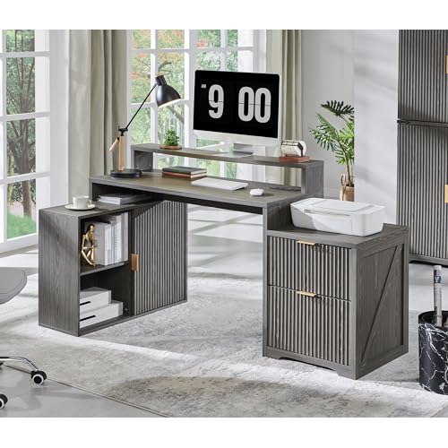 Image of 67 inchModern Desk with Cabinet & 2 Drawers, Fluted Office Desk Built‑in Outlet | L Shaped Desk ,storage cabinet with sliding doors, Wood Home Office Desk, Fluted Computer Writing Desk, Grayish Green