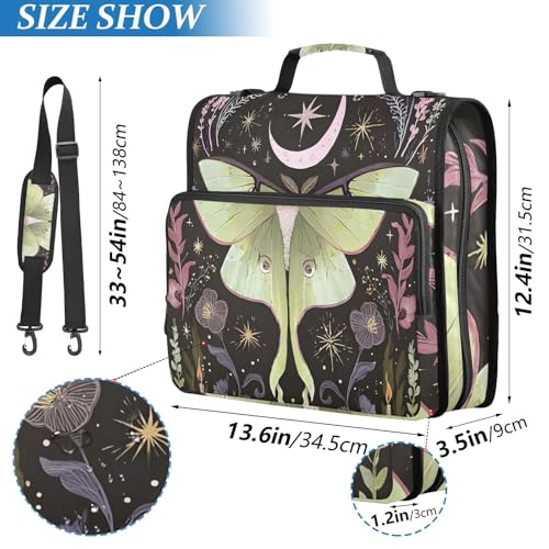 Image of 3 Ring Zipper Binder with Shoulder Strap Green Luna Moth Flowers Moon Stars 1.5 inch Binders Keeper Large Capacity Multi Pockets for School Office Supplies