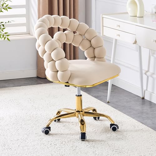 YUANZCHAO Modern Velvet Home Office Chair with Bubble Back, Adjustable Swivel Upholstered Vanity Chair with Gold Metal Base, Rolling Office Chair for Home Office Bedroom Makeup Room (Beige)