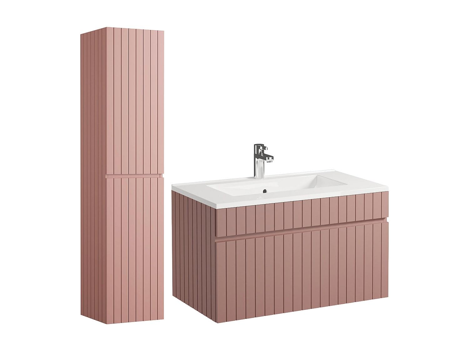 Vente-unique - Meuble de Salle de Bain Suspendu strié Rose avec Vasque à encastrer et Colonne - 80 cm - SATARA